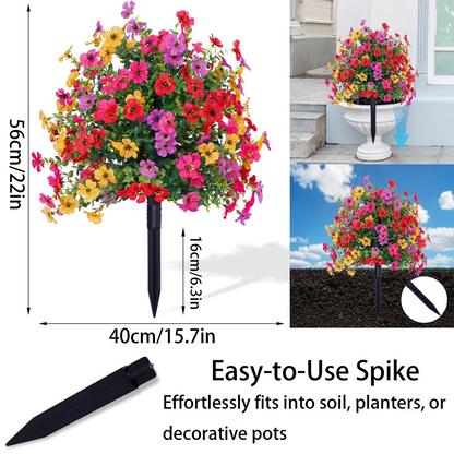 Outdoor Artificial Eucalyptus and Violet Flower Stakes - UV Resistant Faux Floral Garden Decor for Patio, Yard & Home, 21.5-Inch Realistic Silk Flower Arrangement