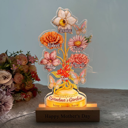Personalized Mom’s Garden Birth Month Diamond Flower Acrylic Block – Custom Names Floral Plaque, Mother’s Day Gift for Mom Grandma