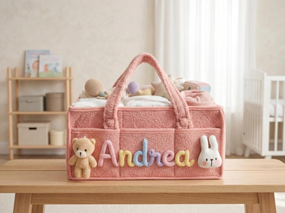 Personalized Plush Baby Storage Basket, Custom Yarn Name Diaper Caddy, Nursery Organizer Basket, Baby Shower Gift for New Mom