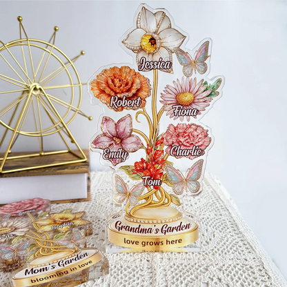 Personalized Mom’s Garden Birth Month Diamond Flower Acrylic Block – Custom Names Floral Plaque, Mother’s Day Gift for Mom Grandma