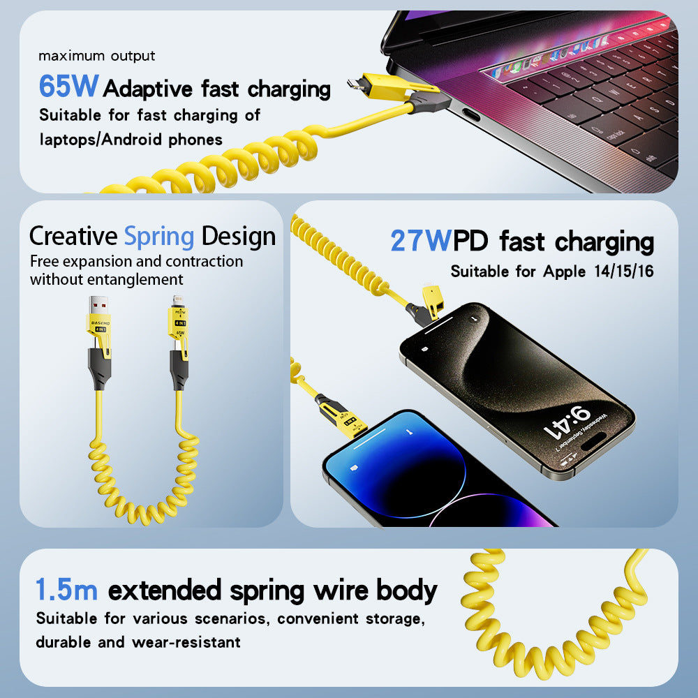 4-in-1 Coiled Fast Charging Cable | 65W Retractable Cord for Car & Desk