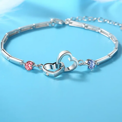 S925 Mother & Daughter Birthstones Custom Double Diamond Double Heart Bracelet