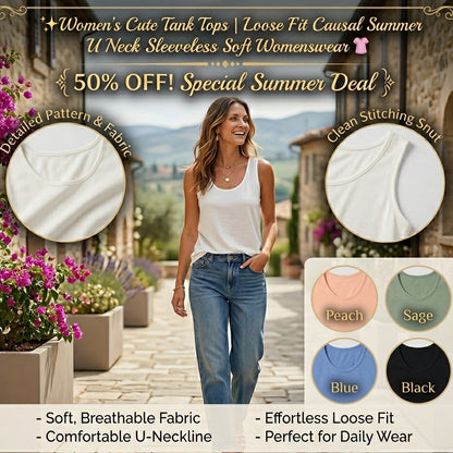 ✨✨Womens Cute Tank Tops Loose Fit Causal Summer U Neck Sleeveless Soft Womenswear👚