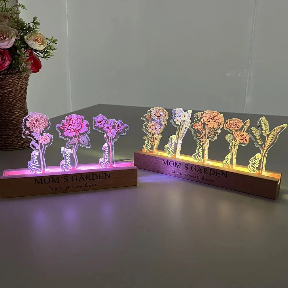Custom Birth Flower 3D Crystal LED Light with Kids Names – Mother’s Day Gift for Mom
