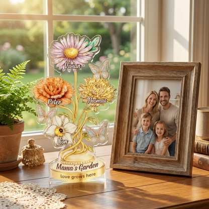Personalized Mom’s Garden Birth Month Diamond Flower Acrylic Block – Custom Names Floral Plaque, Mother’s Day Gift for Mom Grandma