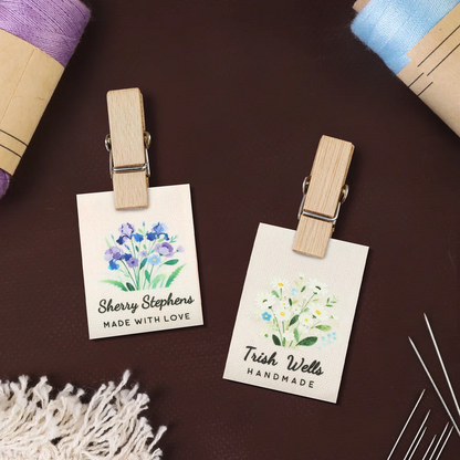 Personalized Watercolor Birth Flower 100% Cotton Sewing Label with Name and Text Birthday Gift for Knitting Lover DIY Craft Lover