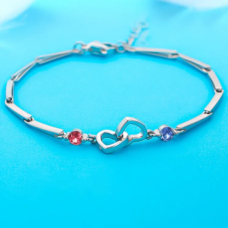 S925 Mother & Daughter Birthstones Custom Double Diamond Double Heart Bracelet