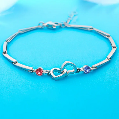 S925 Mother & Daughter Birthstones Custom Double Diamond Double Heart Bracelet
