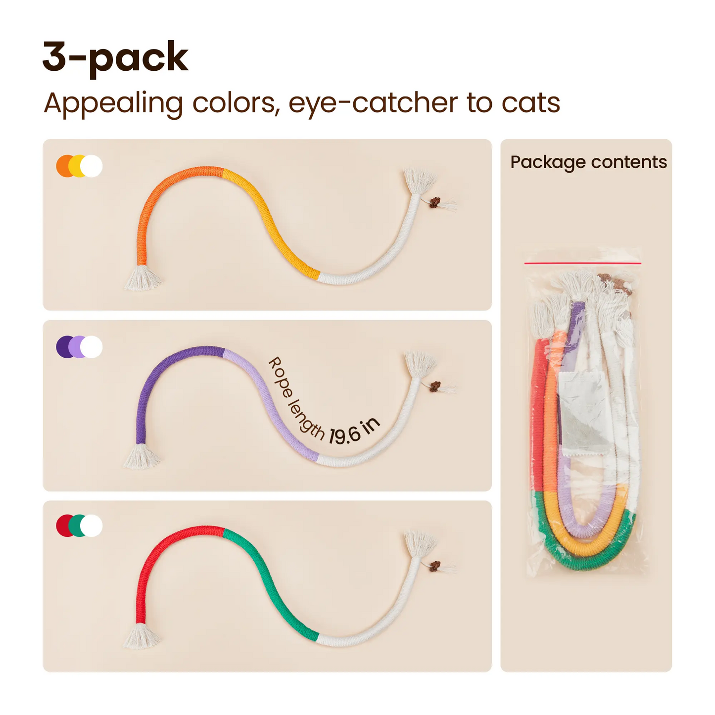 Cat Toys Chew Ropes 3Pcs, Safe Teeth Cleaning Toy for Indoor Kittens, Calming Interactive Kitty Toys