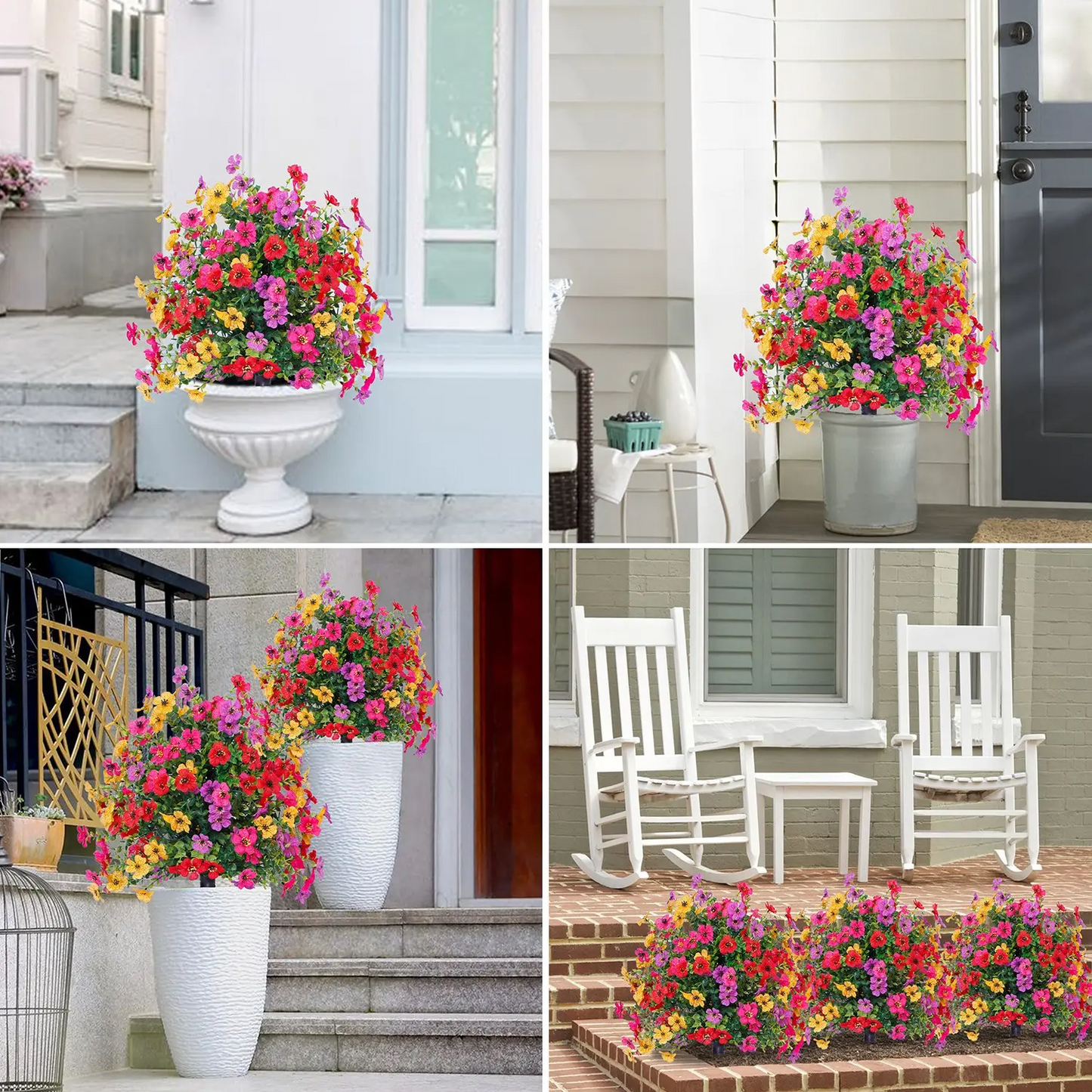 Outdoor Artificial Eucalyptus and Violet Flower Stakes - UV Resistant Faux Floral Garden Decor for Patio, Yard & Home, 21.5-Inch Realistic Silk Flower Arrangement
