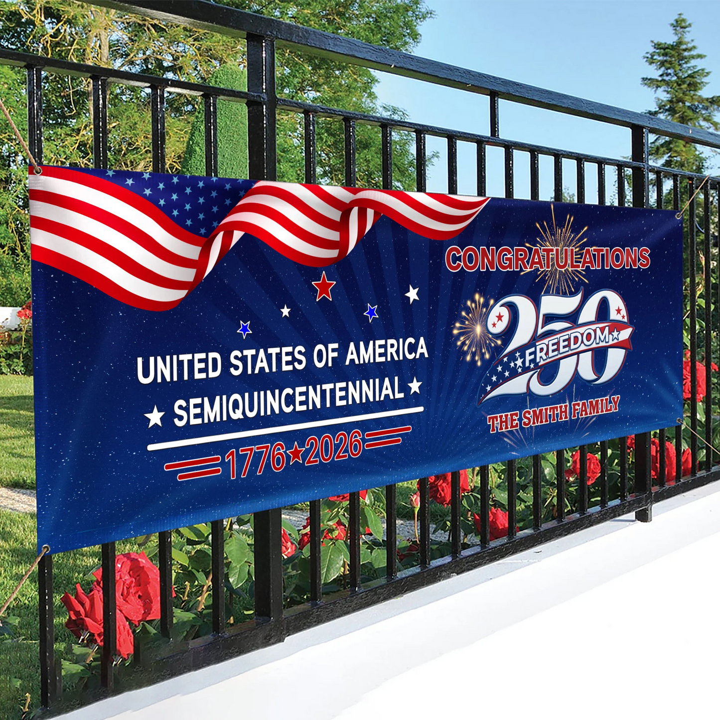 Custom Name USA 250 Freedom Banner – 1776–2026 Semiquincentennial Patriotic Party Decoration