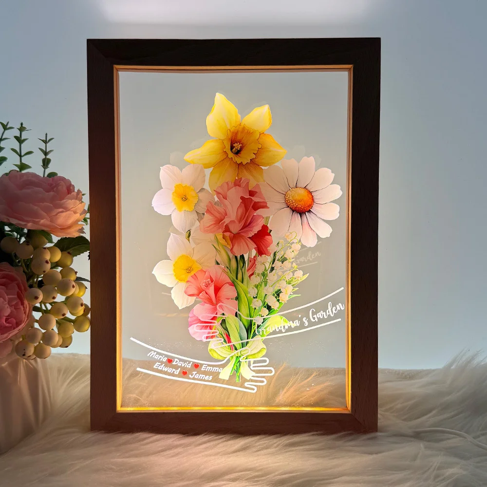 Custom Hug Birth Month Flower Bouquet with Names LED Night Light Frame – Personalized Mother’s Day Gift for Mom & Grandma