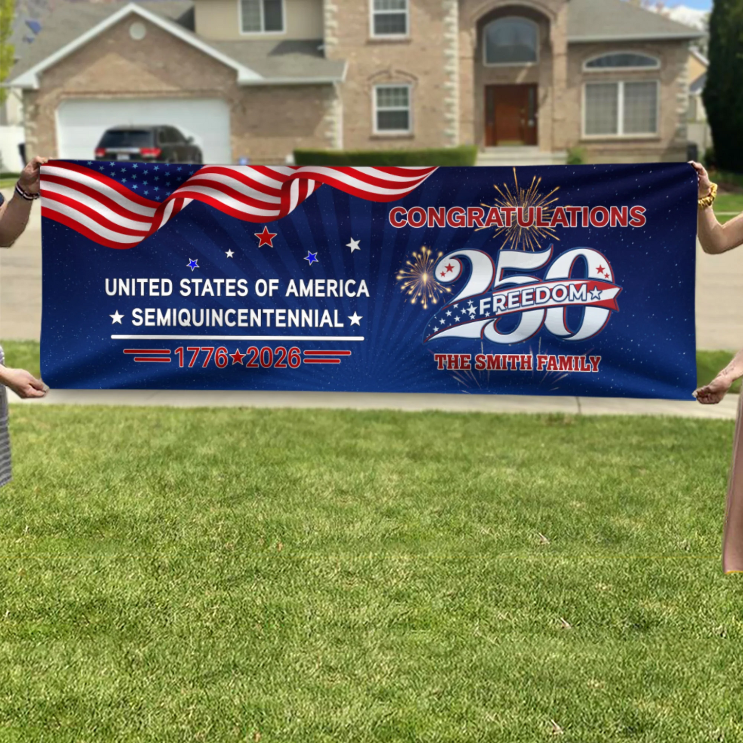 Custom Name USA 250 Freedom Banner – 1776–2026 Semiquincentennial Patriotic Party Decoration