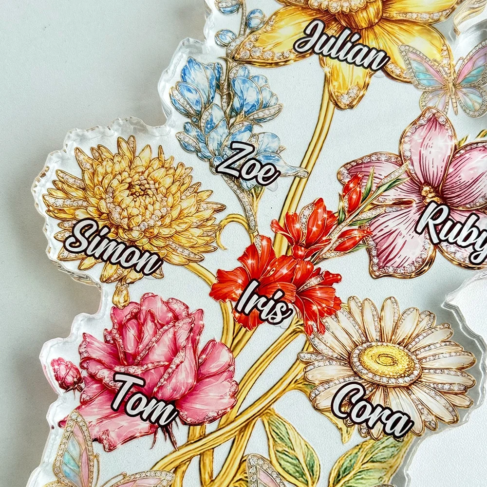 Personalized Mom’s Garden Birth Month Diamond Flower Acrylic Block – Custom Names Floral Plaque, Mother’s Day Gift for Mom Grandma