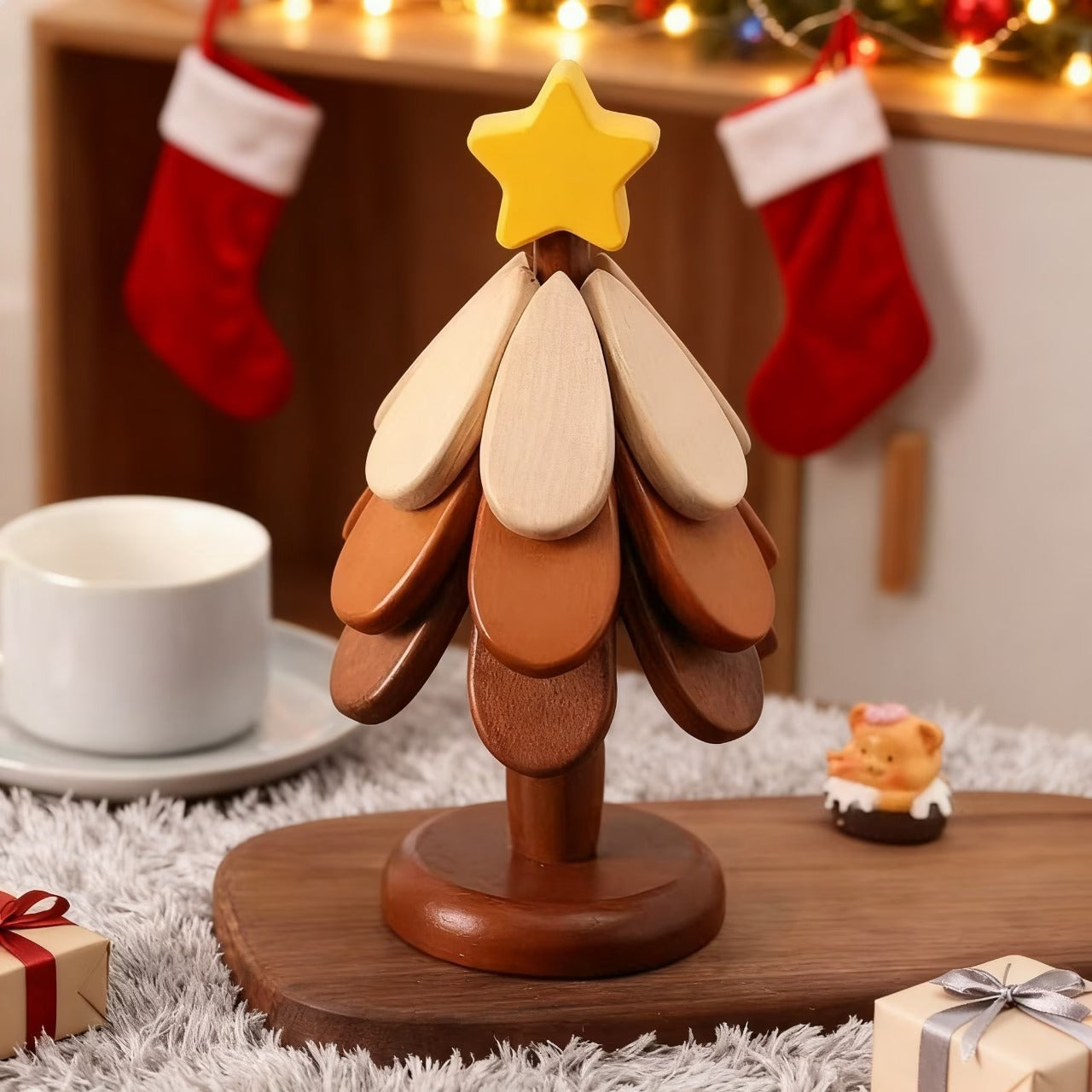 Premium Wooden Christmas Tree Trivet Set | Folding Heat-Resistant Coasters & Festive Table Decor