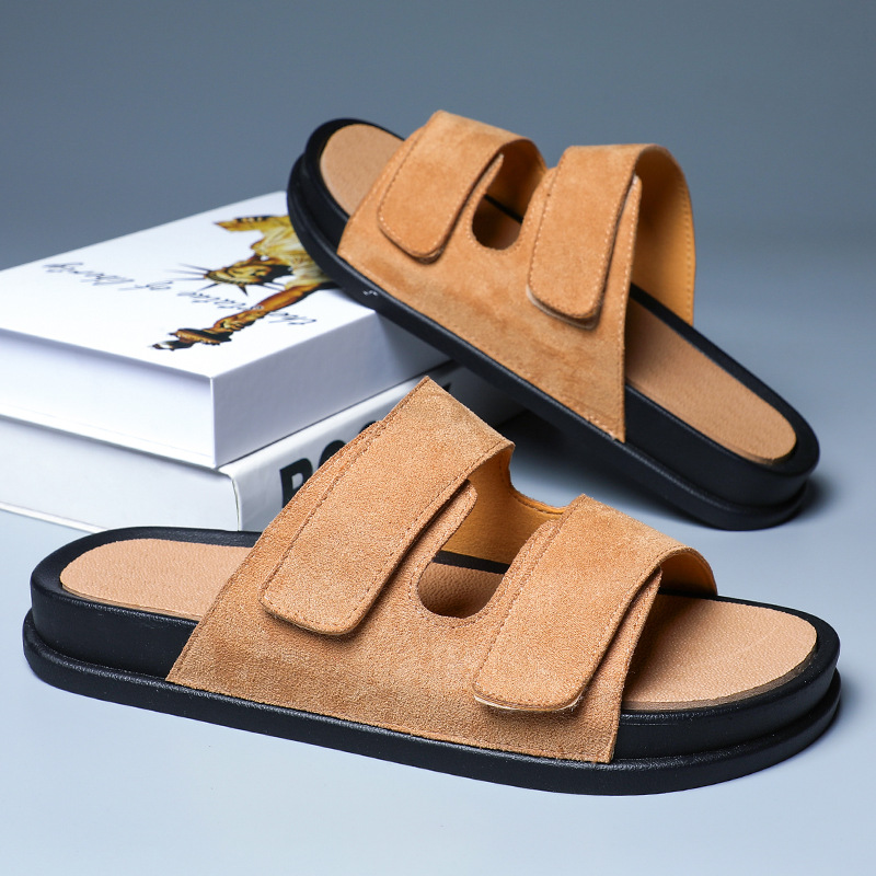 Leather Velcro Soft Bottom Beach Men's Slippers