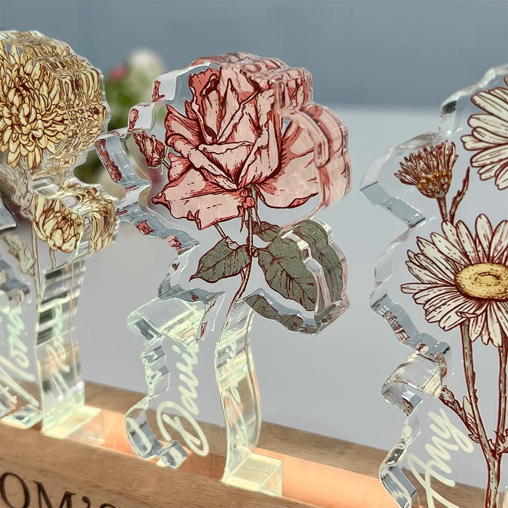 Custom Birth Flower 3D Crystal LED Light with Kids Names – Mother’s Day Gift for Mom