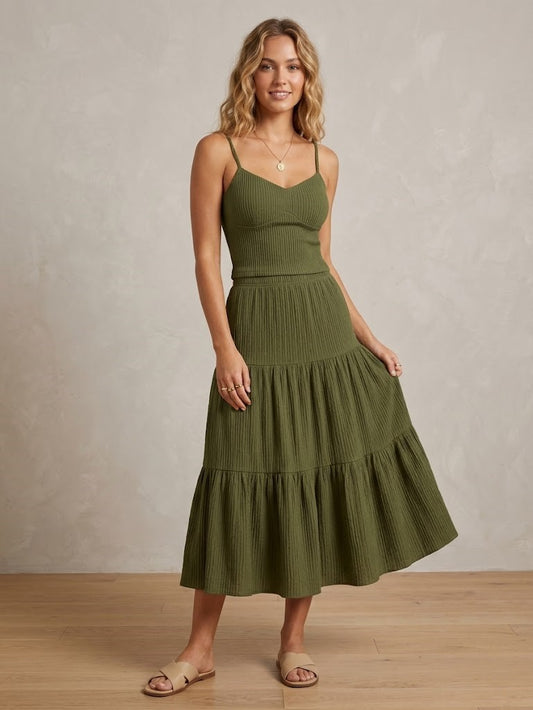 ✨ Effortless Summer Two-Piece Set | Textured Crop Cami & Flowy A-Line Midi Skirt