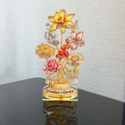 Personalized Mom’s Garden Birth Month Diamond Flower Acrylic Block – Custom Names Floral Plaque, Mother’s Day Gift for Mom Grandma