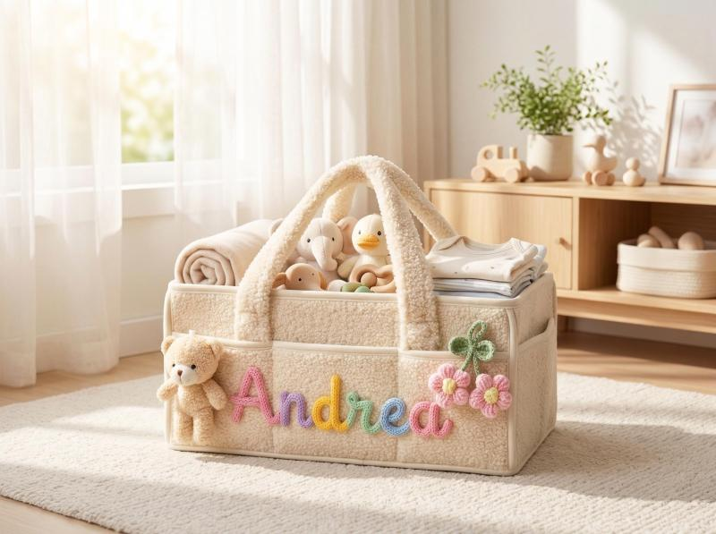 Personalized Plush Baby Storage Basket, Custom Yarn Name Diaper Caddy, Nursery Organizer Basket, Baby Shower Gift for New Mom