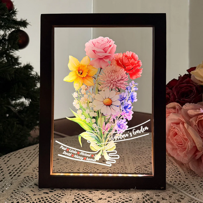 Custom Hug Birth Month Flower Bouquet with Names LED Night Light Frame – Personalized Mother’s Day Gift for Mom & Grandma