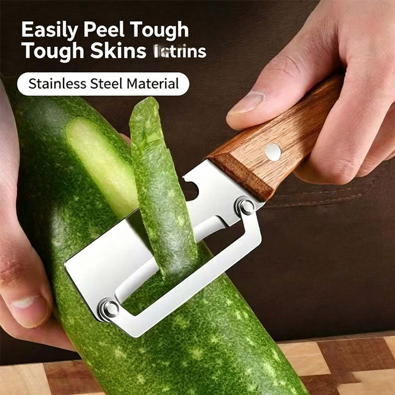 Premium Stainless Steel Vegetable Peeler with Ergonomic Solid Wood Handle - Professional Sharp Fruit and Potato Peeler with Integrated Bottle Opener