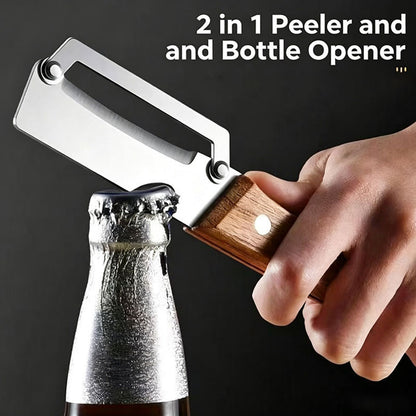 Premium Stainless Steel Vegetable Peeler with Ergonomic Solid Wood Handle - Professional Sharp Fruit and Potato Peeler with Integrated Bottle Opener