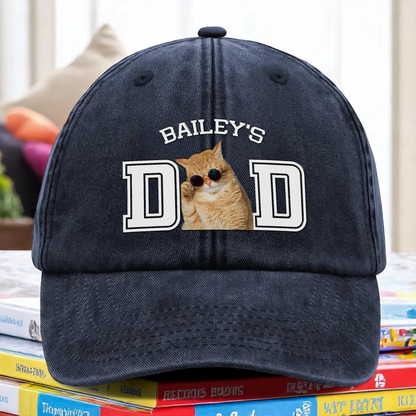 Custom Photo Dog Cat Dad Washed Denim Baseball Cap