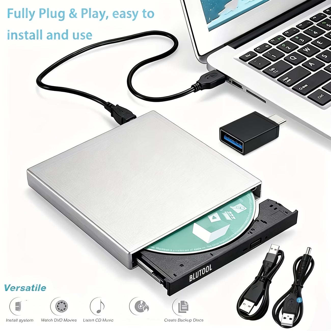 Portable External CD/DVD Drive | USB CD-RW Burner & DVD Reader for Laptop