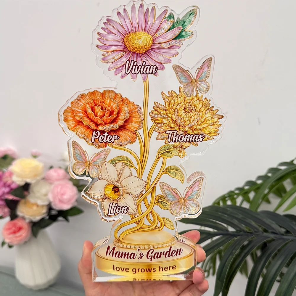 Personalized Mom’s Garden Birth Month Diamond Flower Acrylic Block – Custom Names Floral Plaque, Mother’s Day Gift for Mom Grandma