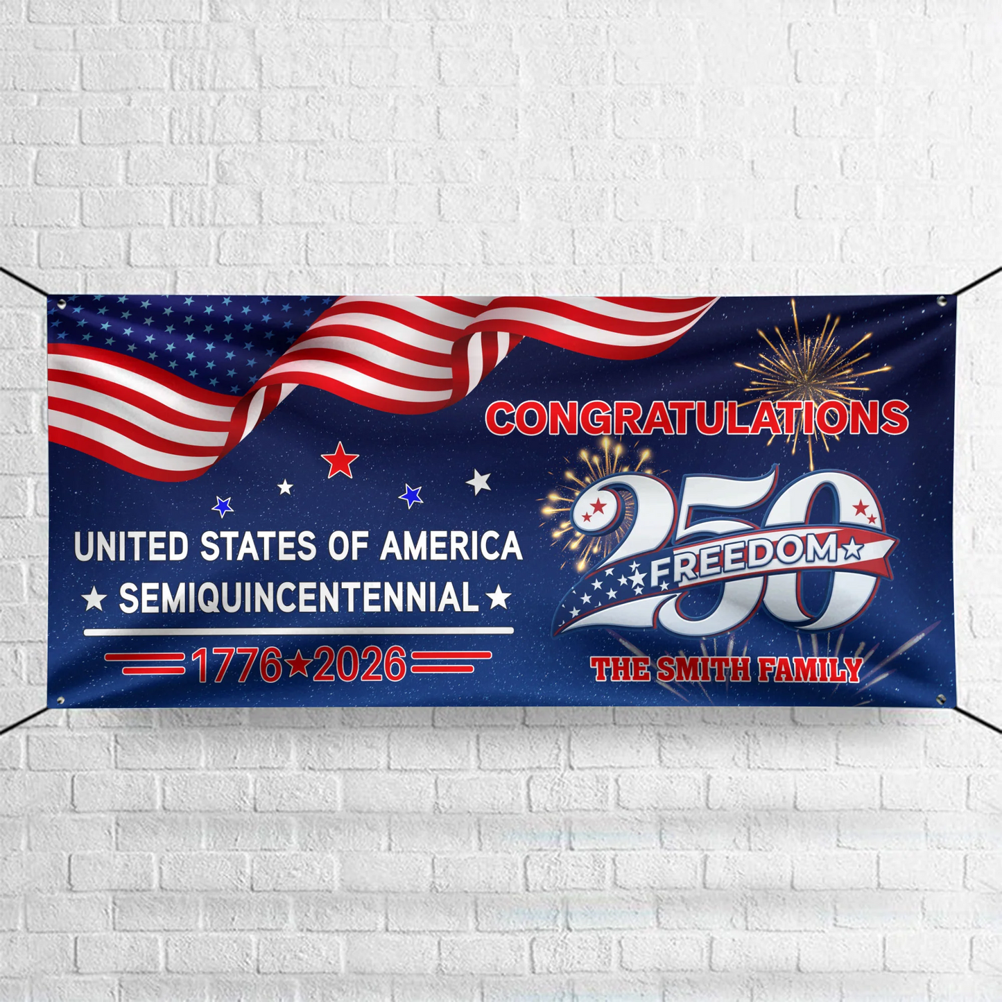 Custom Name USA 250 Freedom Banner – 1776–2026 Semiquincentennial Patriotic Party Decoration