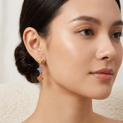 Multicolor Boho Clover Studs | Dainty Gilded Earrings with 925 Silver Pins for Summer Luck