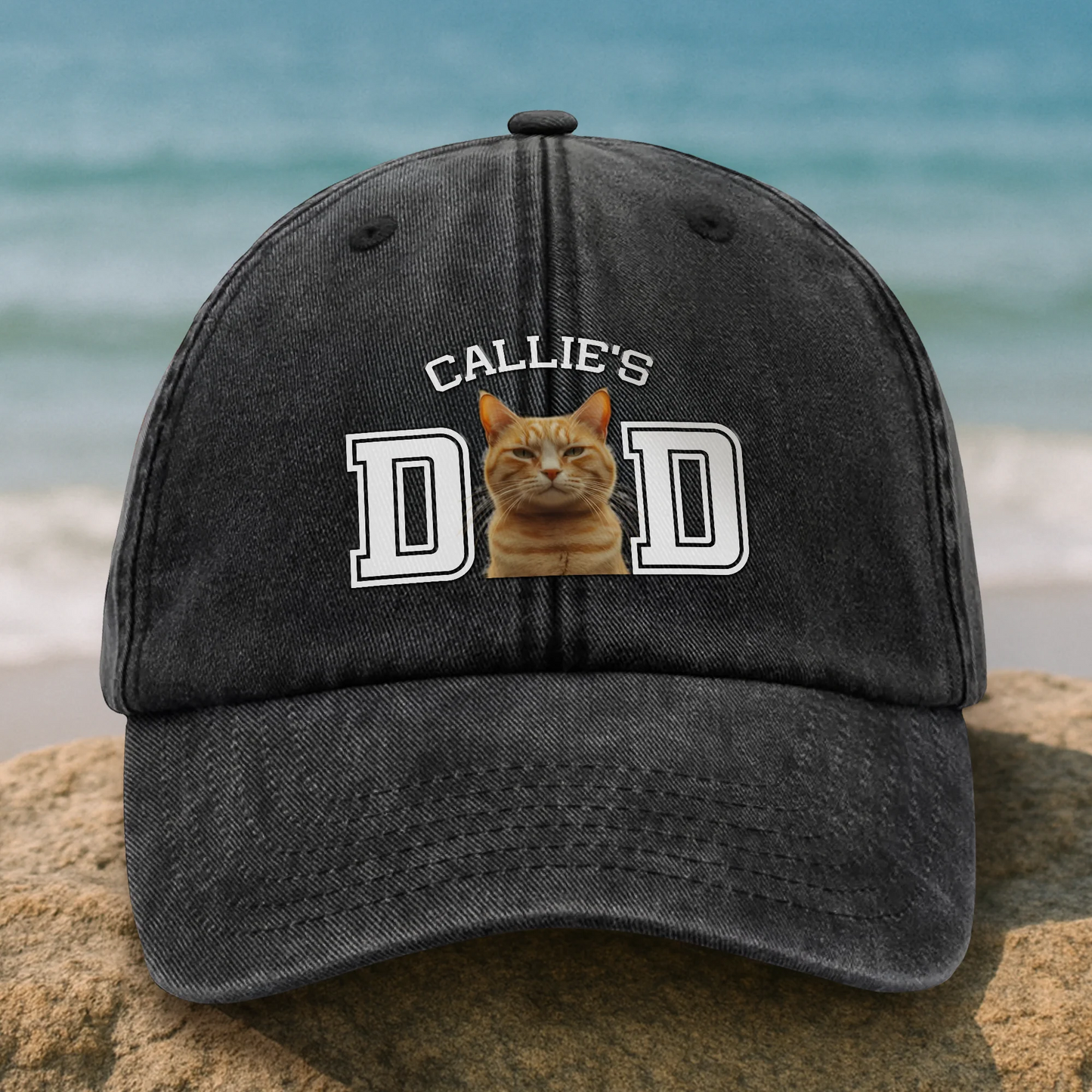 Custom Photo Dog Cat Dad Washed Denim Baseball Cap