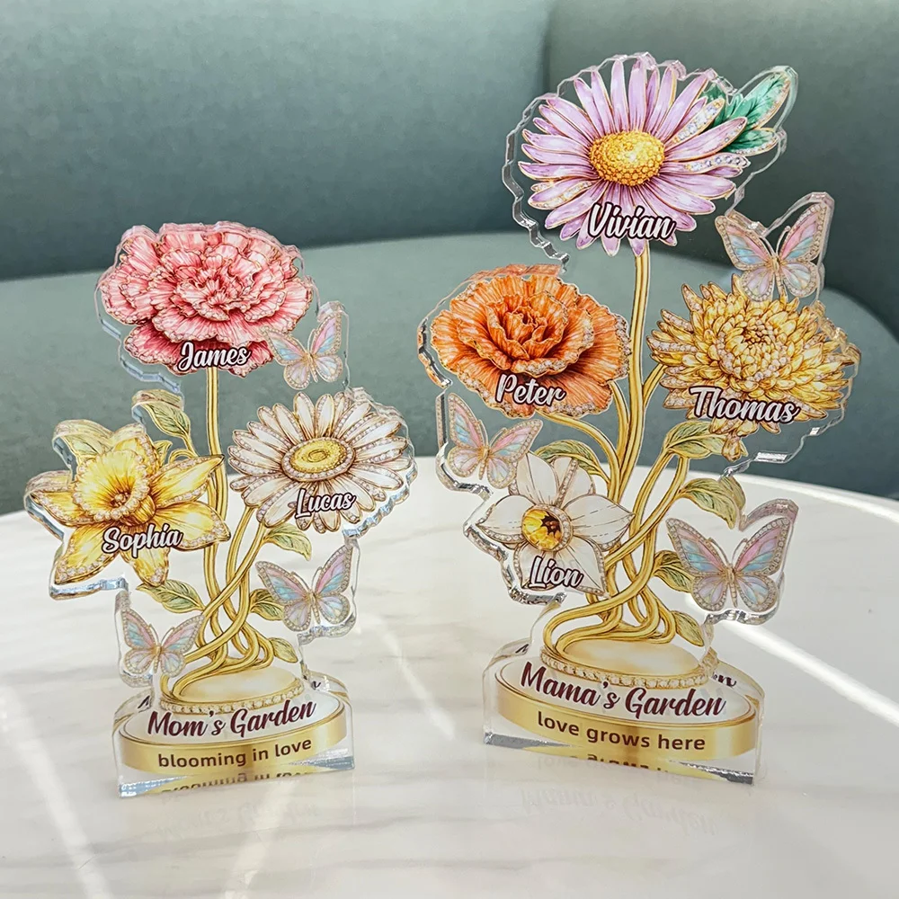 Personalized Mom’s Garden Birth Month Diamond Flower Acrylic Block – Custom Names Floral Plaque, Mother’s Day Gift for Mom Grandma