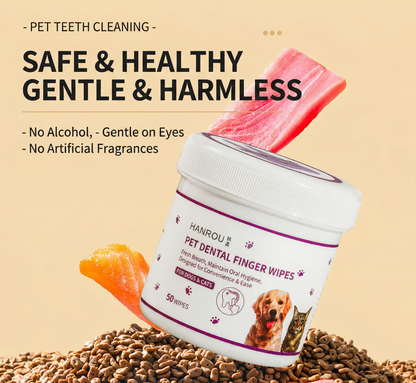 Pet Dental Care Finger Wipes (100 Wipes ，2 Packs of 50) - Dog & Cat Toothbrush Sleeves for Plaque & Tartar Removal, Fresh Breath Oral Wipes