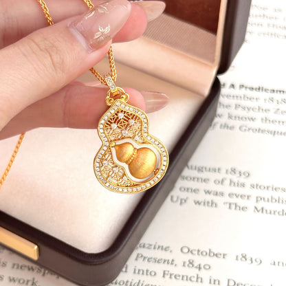 Lucky Wu Lou Gourd Necklace | Modern Chinoiserie Gold Tone Pendant for Everyday Fortune