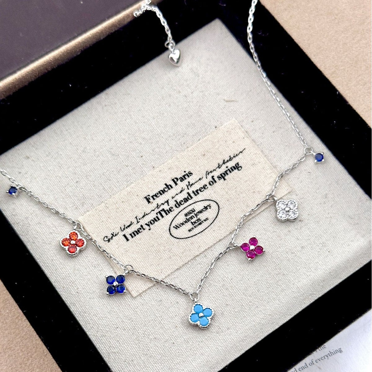 Rainbow Four-Leaf Clover Station Necklace | Dainty Multicolor Summer Charm Choker