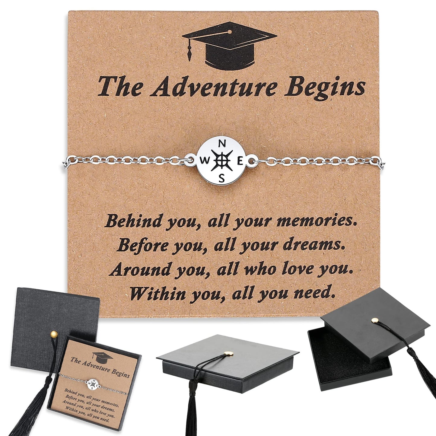Graduation Compass Bracelet for Class of 2026 – Inspirational Gift for Her Him, High School College 8th Grade Graduate, Stainless Steel with Heartfelt Card & Graduation Cap Box