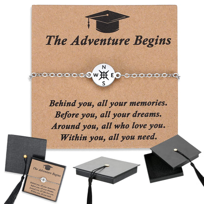 Graduation Compass Bracelet for Class of 2026 – Inspirational Gift for Her Him, High School College 8th Grade Graduate, Stainless Steel with Heartfelt Card & Graduation Cap Box
