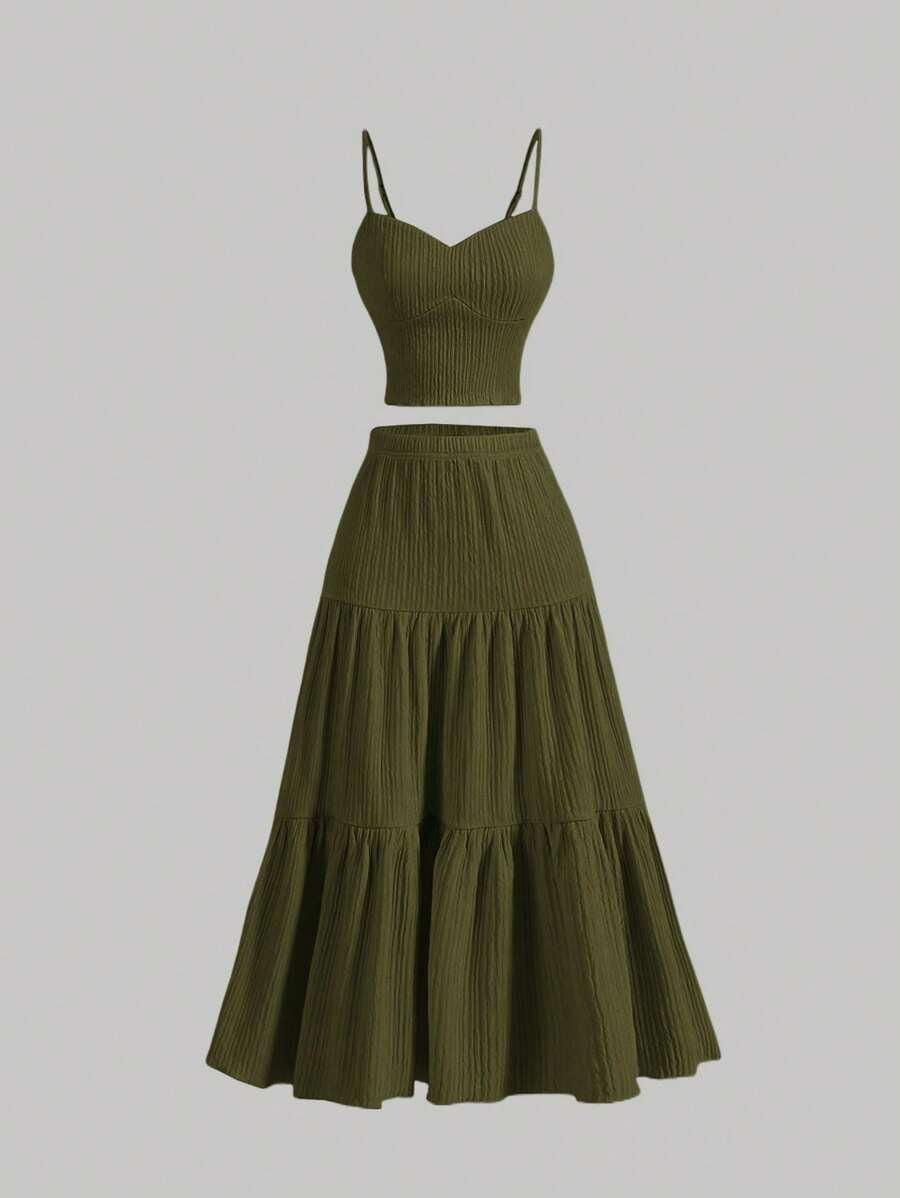 ✨ Effortless Summer Two-Piece Set | Textured Crop Cami & Flowy A-Line Midi Skirt