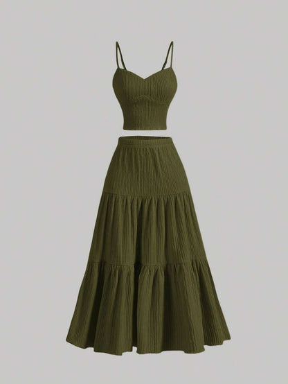 ✨ Effortless Summer Two-Piece Set | Textured Crop Cami & Flowy A-Line Midi Skirt
