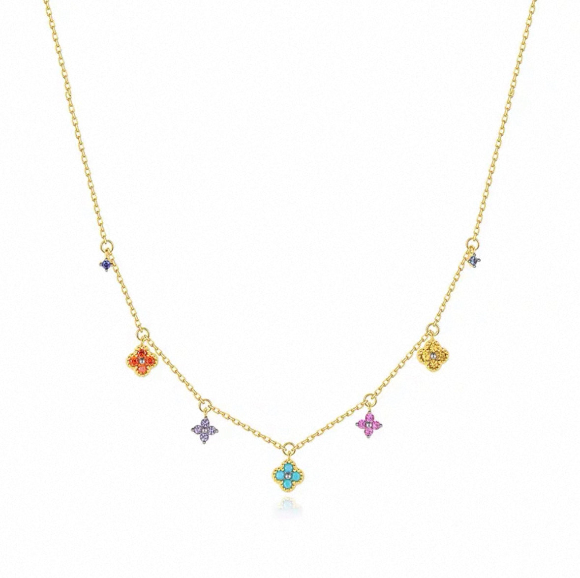 Rainbow Four-Leaf Clover Station Necklace | Dainty Multicolor Summer Charm Choker