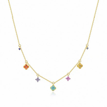 Rainbow Four-Leaf Clover Station Necklace | Dainty Multicolor Summer Charm Choker