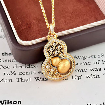 Lucky Wu Lou Gourd Necklace | Modern Chinoiserie Gold Tone Pendant for Everyday Fortune