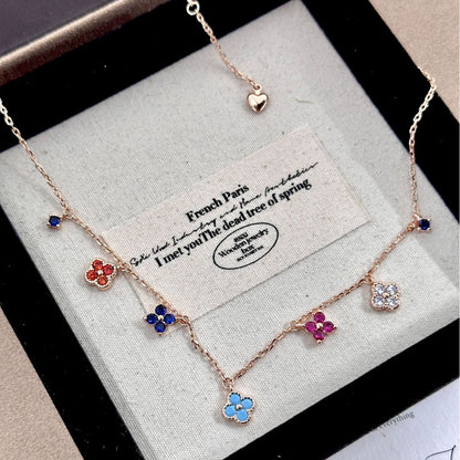Rainbow Four-Leaf Clover Station Necklace | Dainty Multicolor Summer Charm Choker