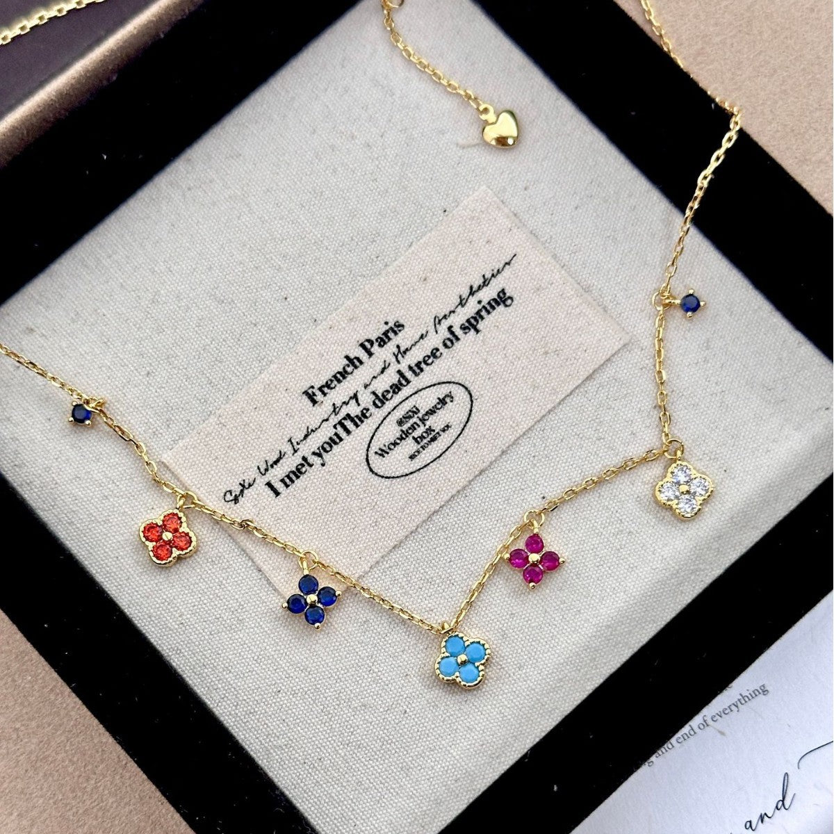 Rainbow Four-Leaf Clover Station Necklace | Dainty Multicolor Summer Charm Choker