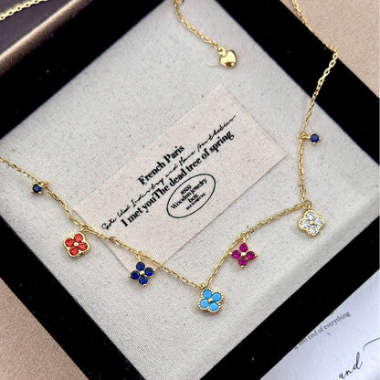 Rainbow Four-Leaf Clover Station Necklace | Dainty Multicolor Summer Charm Choker
