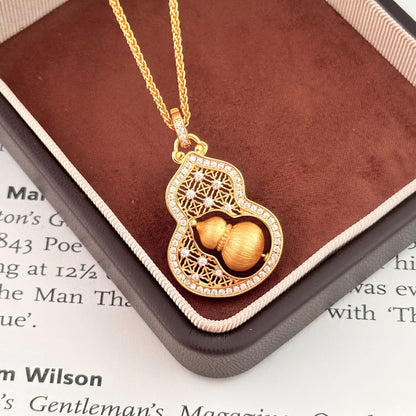 Lucky Wu Lou Gourd Necklace | Modern Chinoiserie Gold Tone Pendant for Everyday Fortune