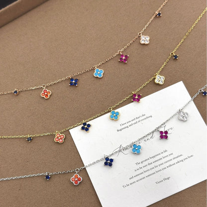 Rainbow Four-Leaf Clover Station Necklace | Dainty Multicolor Summer Charm Choker