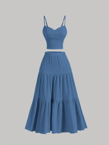 ✨ Effortless Summer Two-Piece Set | Textured Crop Cami & Flowy A-Line Midi Skirt